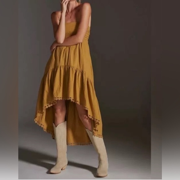 Anthropologie Maeve High Low Midi Dress Strapless tiered Boho Gold Size Small - Picture 2 of 10
